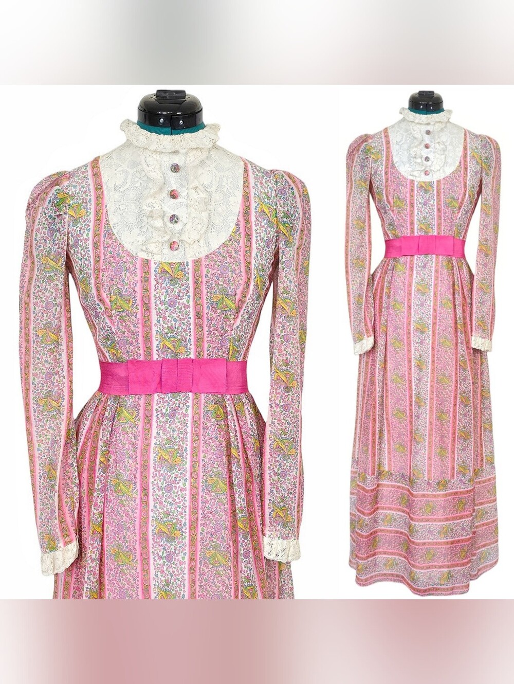 1970s Vintage Dress 70s Maxi Prairie Revival Pink Floral Stripes XS Lace Bib Bow